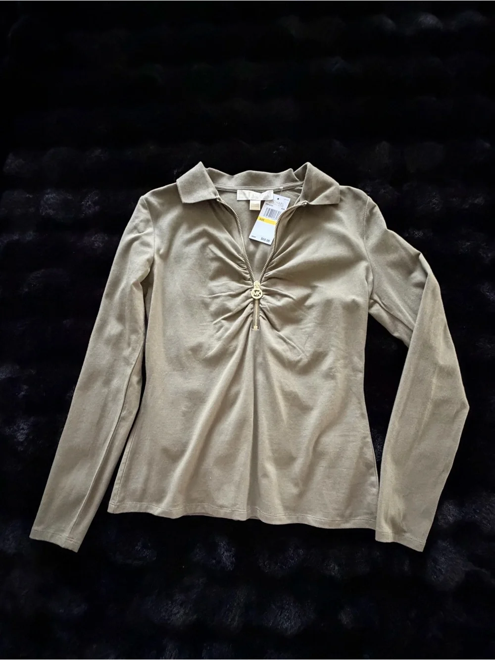 Michael Kors Olive Green Long-Sleeve Polo Top with Gathered Front